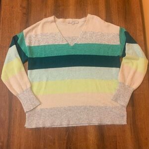 LOFT Sweater Large Cream Green Yellow Gray Stripe Knit V-neck Soft Long Sleeve